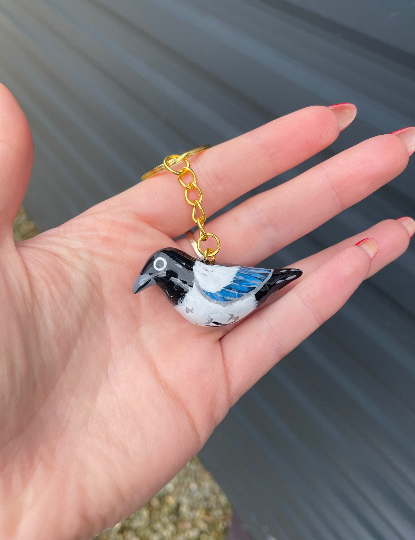 Handmade Clay Magpie Bird Keyring with Gold Chain