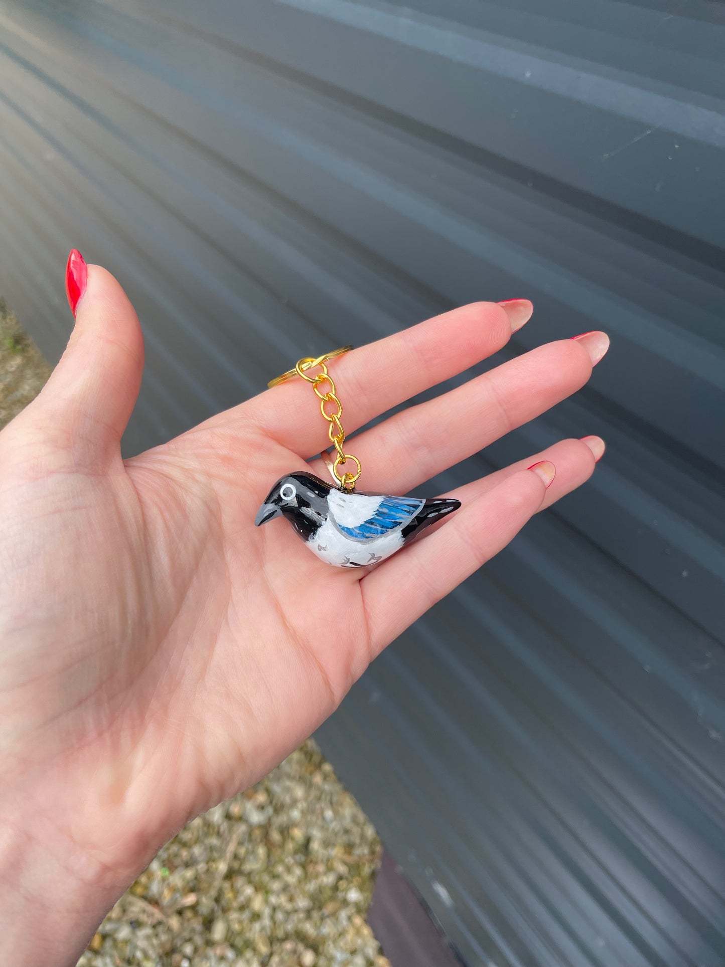 Handmade Clay Magpie Bird Keyring with Gold Chain